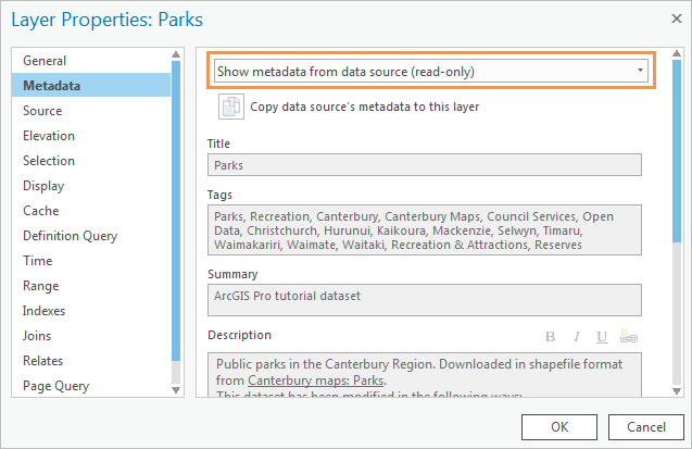 Layer Properties dialog box showing metadata