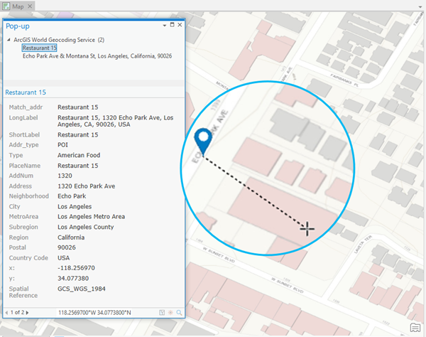 What's here click location and match result location on the map