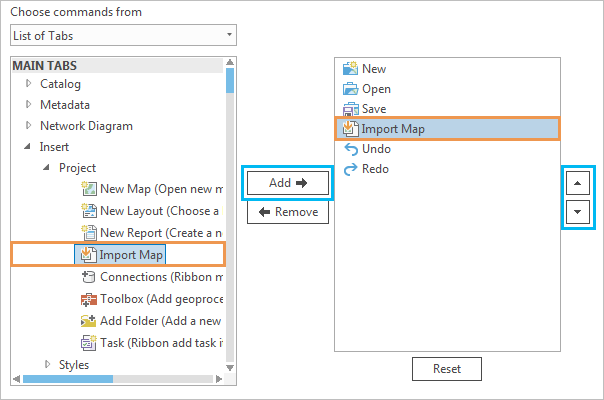 Quick Access Toolbar dialog box with Import Map command selected and added