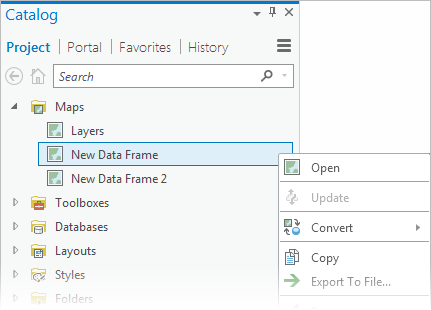 Catalog pane with imported maps corresponding to multiple ArcMap data frames