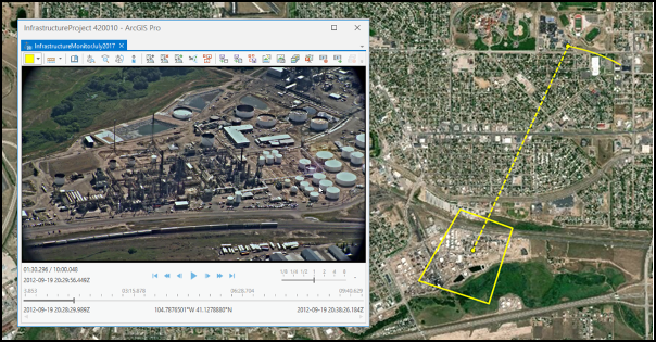 FMV video player with the video frame footprint, sensor ground track, and field of view displayed on the map