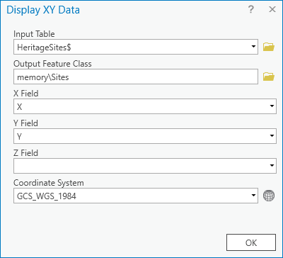 XY Table to Point tool parameters