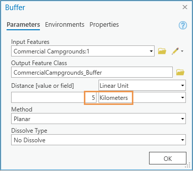 Buffer tool dialog box