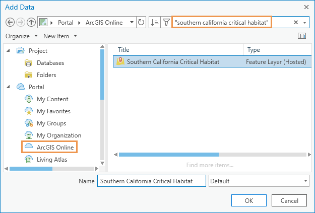 Southern California Critical Habitat layer selected on the browse dialog box