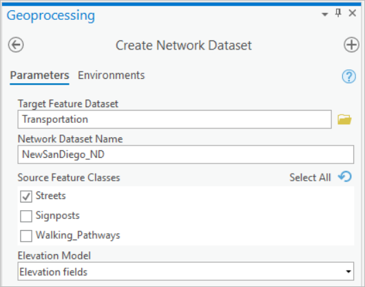 Create network dataset geoprocessing tool dialog box