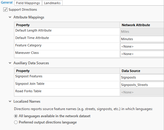 Modify units used to report directions and fields used to identify streets on the General tab