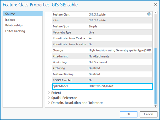 Split Model behavior within the Feature Class Properties dialog box