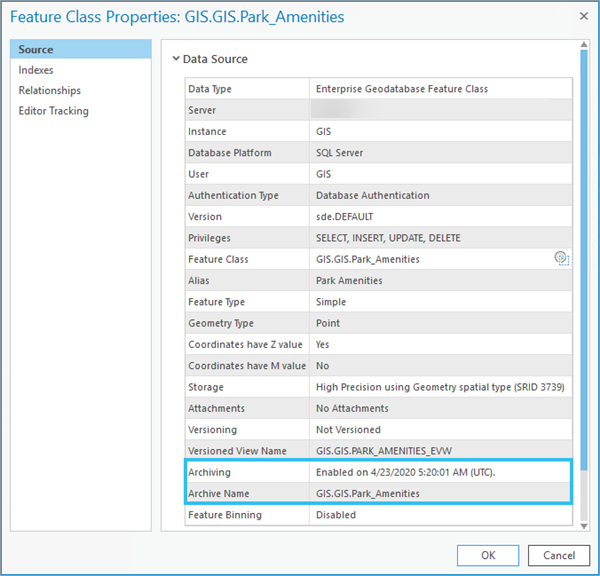 Feature class properties of a feature class with archiving enabled