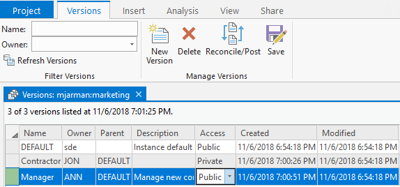 The user ANN has created a named version called Manager from the DEFAULT version.