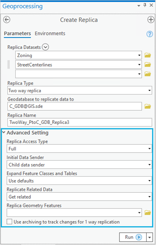 Advanced Setting in the Create Replica tool.