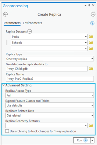 Advanced Setting in the Create Replica tool