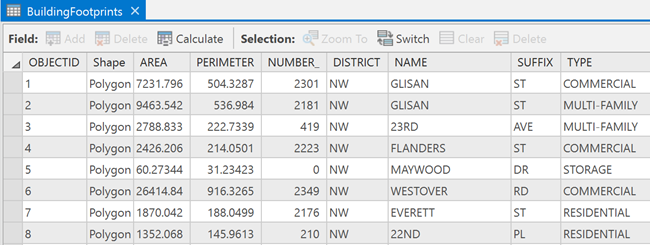 Feature classes stored as a table; each row holds a feature