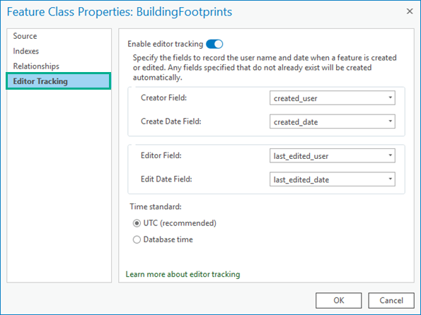 Editor Tracking tab in the feature class properties