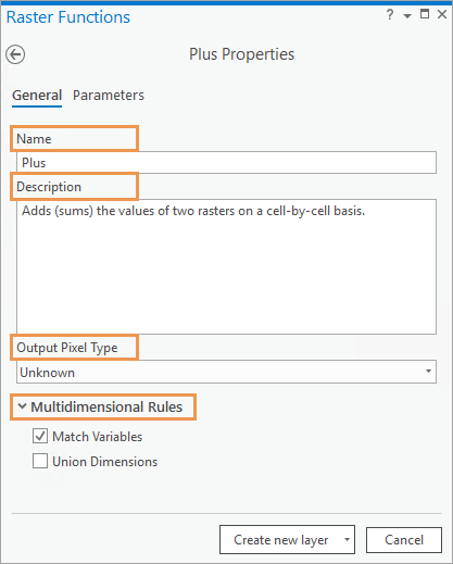 Raster Functions General tab