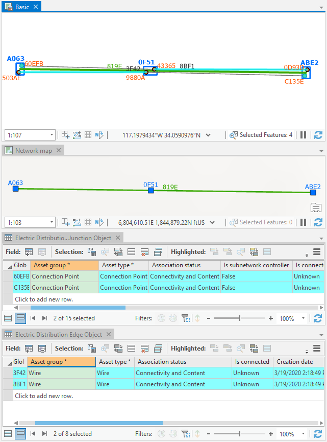 Network objects selected in the nonspatial tables after clicking Apply To Maps