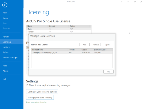 Manage Data Licenses pane showing the StreetMap Premium license file (*.sdlic)