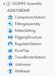 Asset group values for a gas pipe assembly feature class