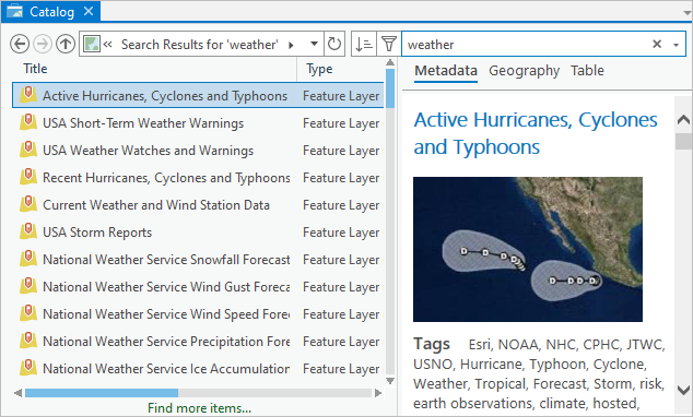 The catalog view shows item properties in columns and previews data.