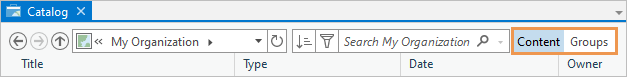 Content and Groups buttons shown next to the search box in the catalog view