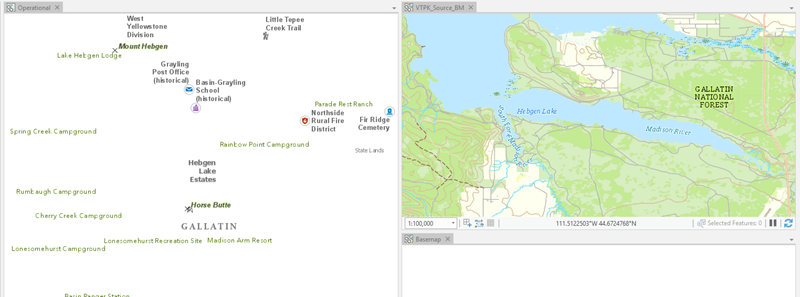 The project opens with three maps: Operational, VTPK_Source_BM, and Basemap.