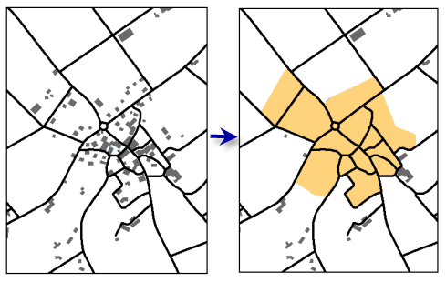 Delineate Built-up Areas tool creates polygons that represent the distribution of input building features