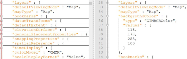 A screen shot of the before and after results of background color being inserted into a JSON file.