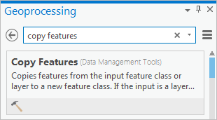 Geoprocessing pane showing Copy Features tool in search results