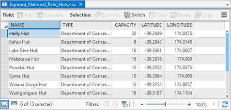 Table view of the .csv file