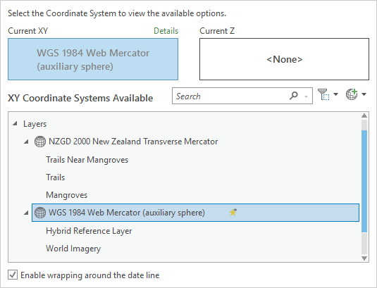 Map Properties dialog box with Web Mercator as the Current XY system