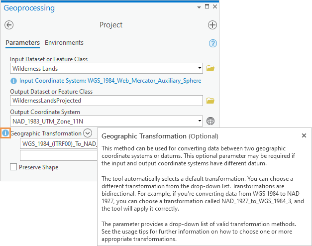 The Project geoprocessing tool showing a parameter tip and a ScreenTip