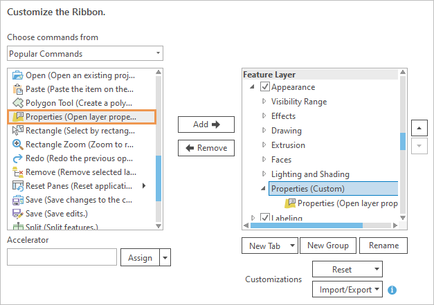 Properties command added to the new group