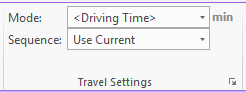 Network Analyst ribbon travel mode setting with angle brackets indicating a modified travel mode