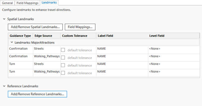 The Landmark tab displays types of landmarks that can be used in turn-by-turn directions.