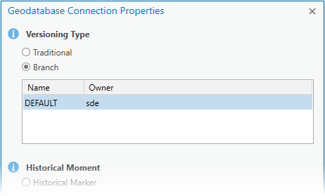 Geodatabase Connection Properties for Branch Versioning Type