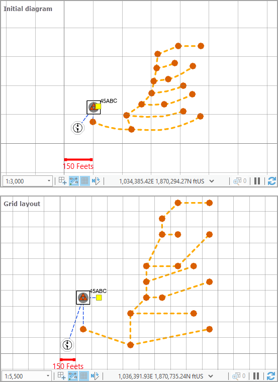 Sample diagram before and after applying the Grid layout