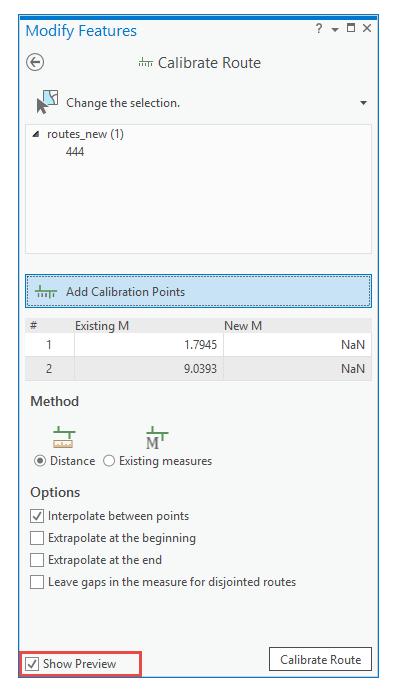 Calibrate Route Show Preview check box