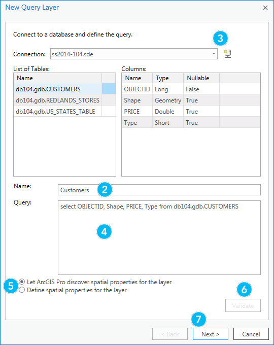 Connect to a database and define the SQL query for the new query layer.