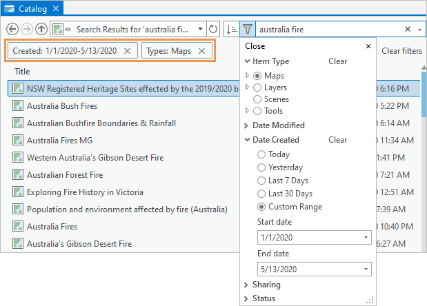 Catalog view showing drop-down options on the Filter button and filtered search results