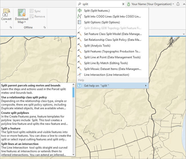 Command Search results using the term split. It includes both tools and commands and help topics.