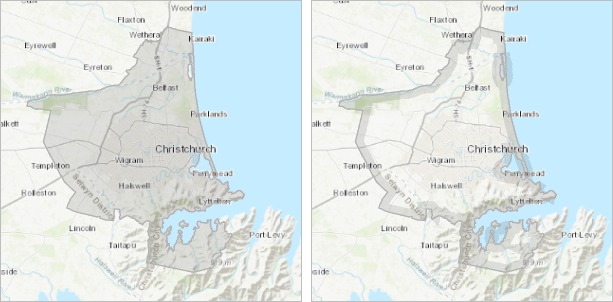 Side-by-side examples of symbology for the Urban Area layer