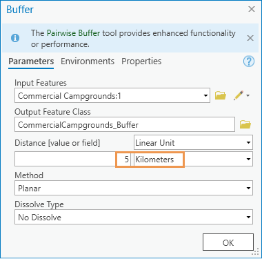 Buffer tool dialog box