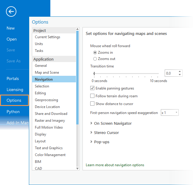 Options dialog box for navigation