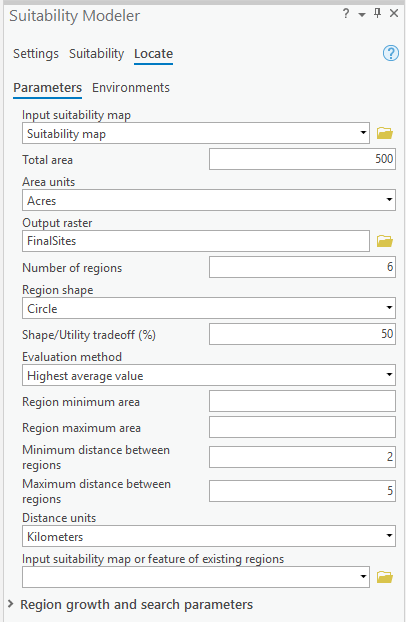 Locate of the Suitability Modeler pane