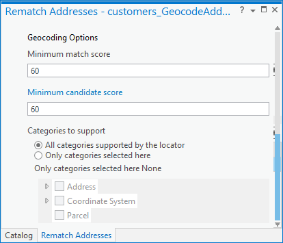 Geocoding options in Rematch Addresses pane