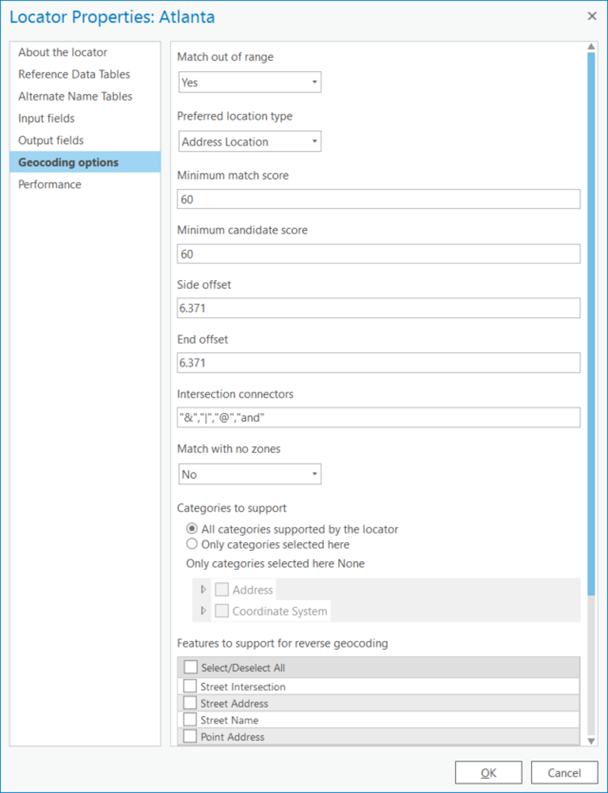 Geocoding options in the Locator Properties dialog