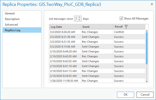 The Replica Log tab is located on the Replica Properties dialog box.