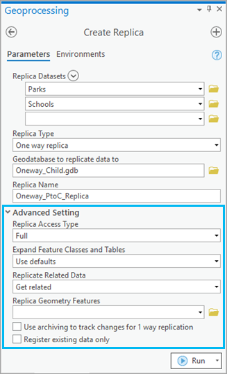 Advanced Setting in the Create Replica tool