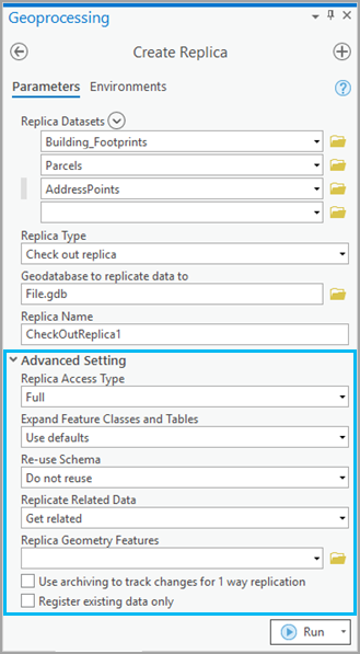 Advanced Setting in the Create Replica tool