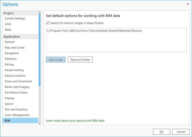 BIM Options dialog box to add file folder to search for display materials files.