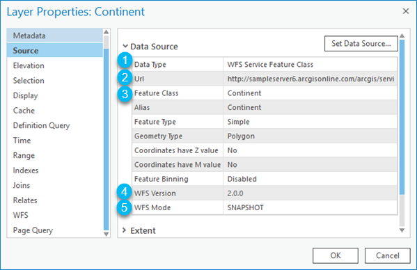 The WFS layer data source properties such as the URL, WFS version, and WFS mode.